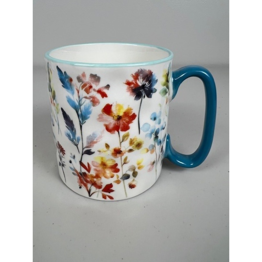 10 Strawberry Street Wildflower Floral Ceramic Coffee Tea Mug Teal‎ Blue Handle